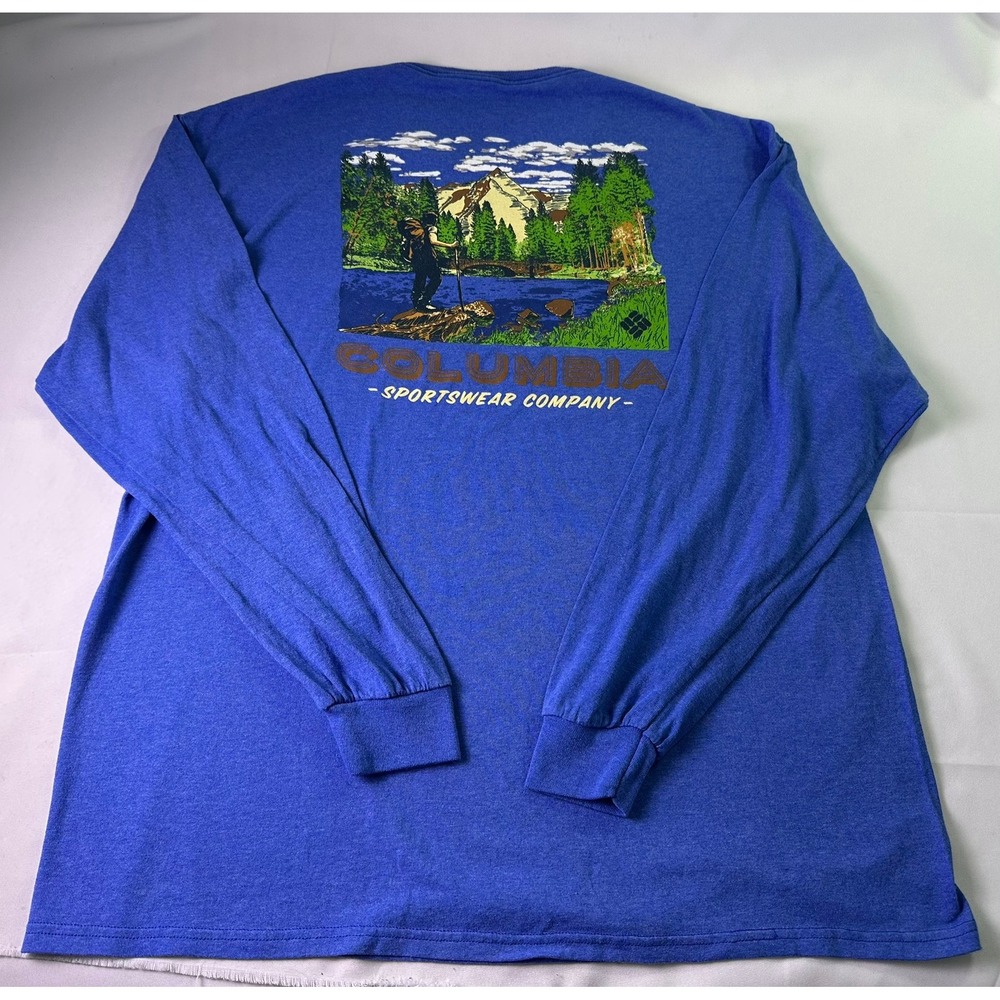 Columbia Sportswear Men's XL‎ Blue Long Sleeve Mountain Graphic Hiking Tee Shirt
